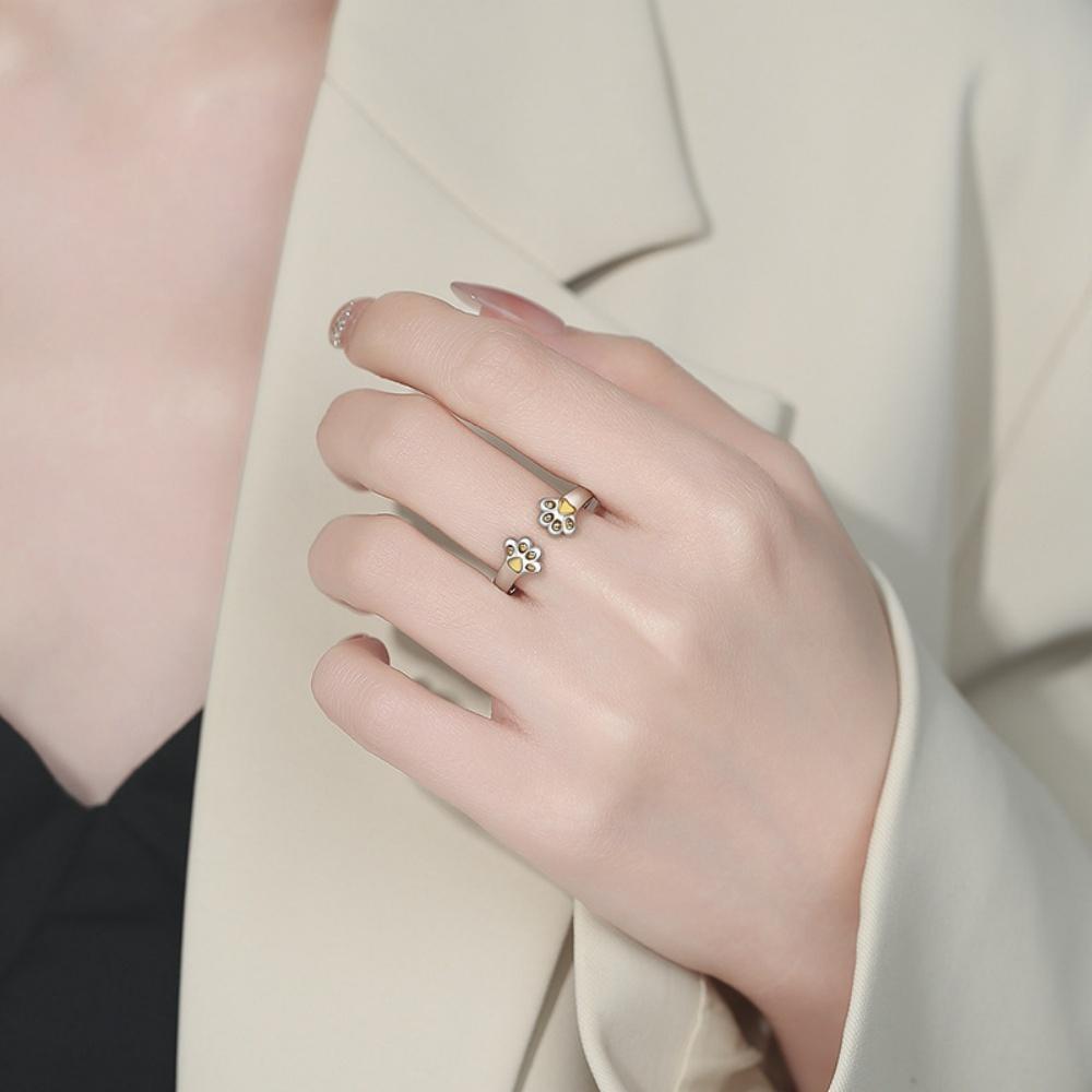 Elegant Simple Female Metal Cat Paw Letter Adjustable Open Ring Vintage Rose Gold Silver Color Wedding Jewelry For Women