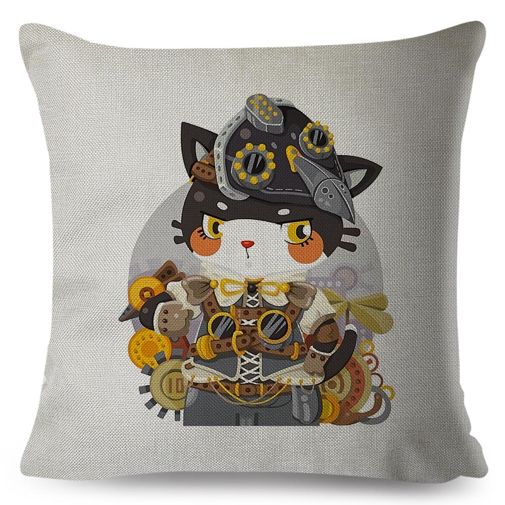 Adorable Cat Character Cushion 45x45cm Original Fantasy Theme Illustration High Resolution Print Woven Fabric Cover