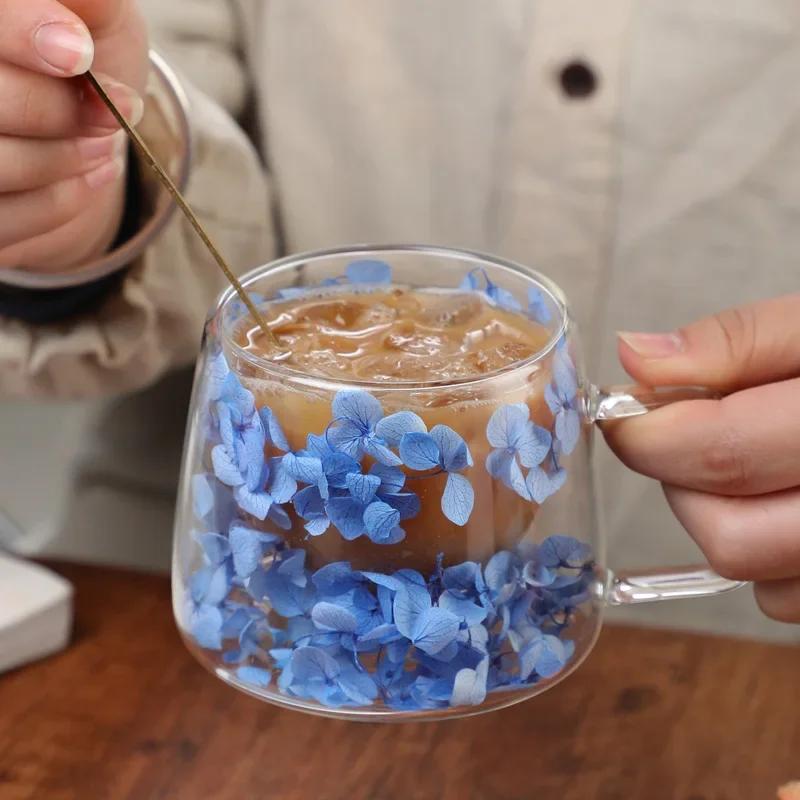 Transparent Glass Heat Insulation 200ML Coffee Cup with Handle Double Wall Dry Flowers Style High Temperature Juice Milk Mug