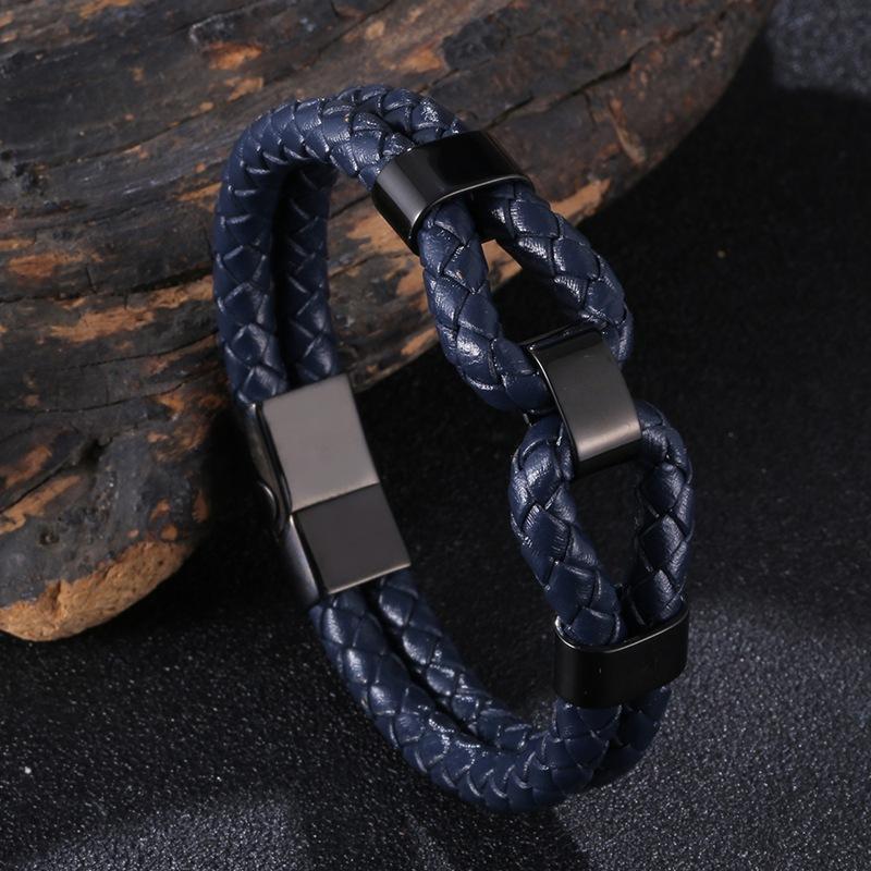 

Новый стиль Мужской кожаный браслет Двухслойный дизайн Аксессуар Нержавеющая сталь Мода Мужские украшения 205mm темно-синий