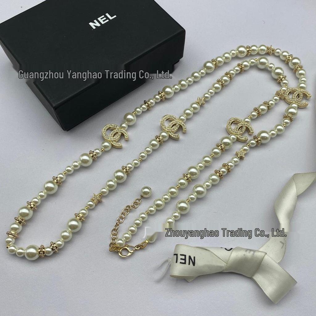 Seiko Women's High-Quality Double C Diamond Star Pearl Sweater Necklace