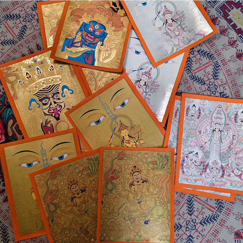 Hand-Painted Nepalese Buddha Thangka: Manjushri, Yellow Jambhala, Thousand-Armed Avalokiteshvara, Mahakala, Zhakilaamu Wall Hanging