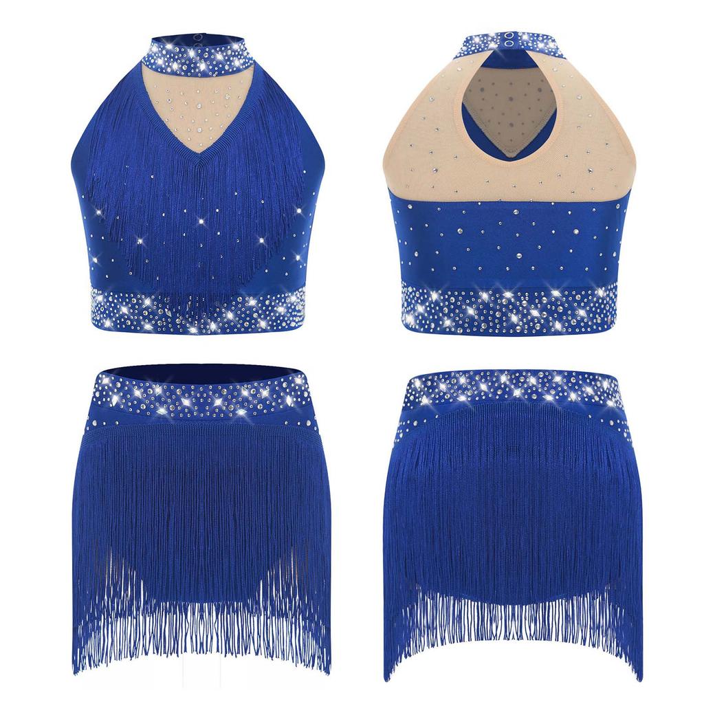 Dívčí třpytivý taneční set s flitry Stojáčkový top bez rukávů Třásně na spodním lemu pro pódiová vystoupení Jazzová a baletní představení