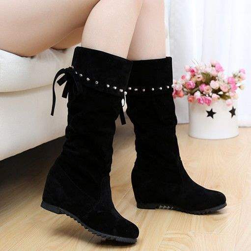 Boots Women's inner knee height increase 2025 autumn and winter new flat-bottomed boots Skinny elastic cloth boots Fleece boots