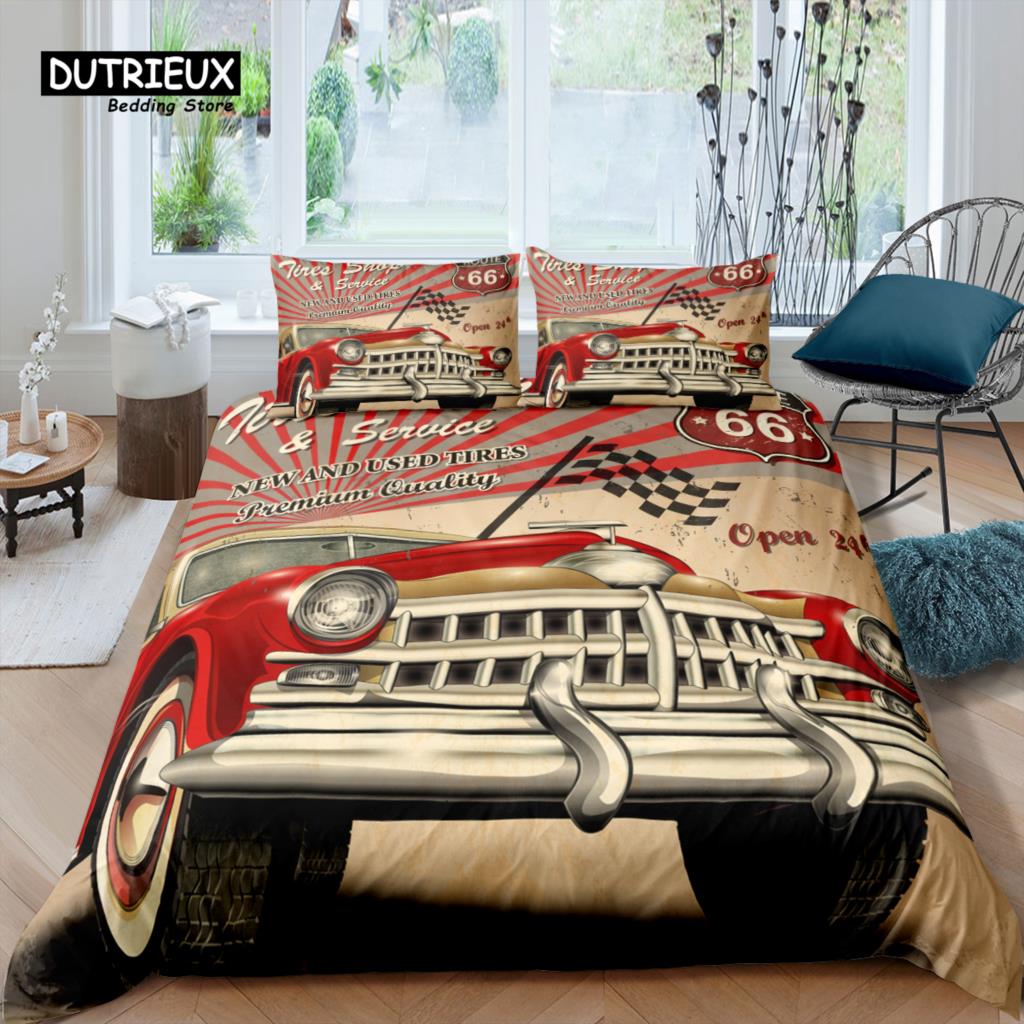 Hjem Living Luksus 3D Motel 66 Sengetøy Barn Dynetrekk Putetrekk Retro Bil Sengetøy Queen og King EU/US/AU/UK Størrelse