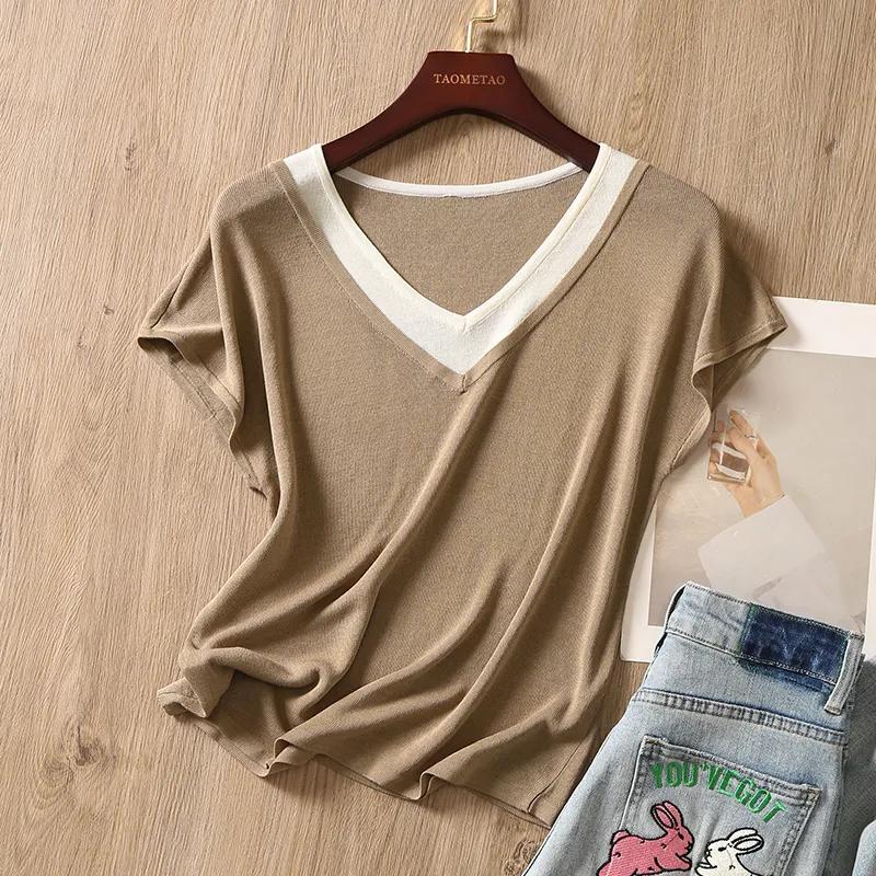 Camiseta de Verano Ligera de Seda de Hielo de Manga Corta a Rayas para Mujer: Juvenil, Holgado