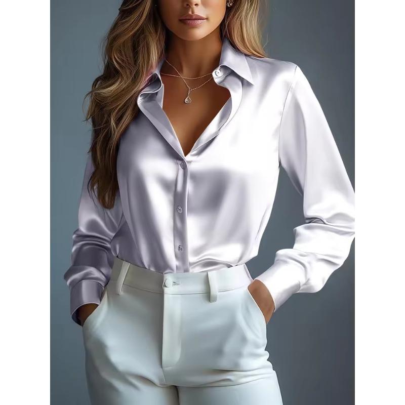 Damesatengskjorter Elegant ensfarget langermet bluse Kontordame knappeskjorte Topp Høst Kvinnelig Rund hals Skjorter Bluse