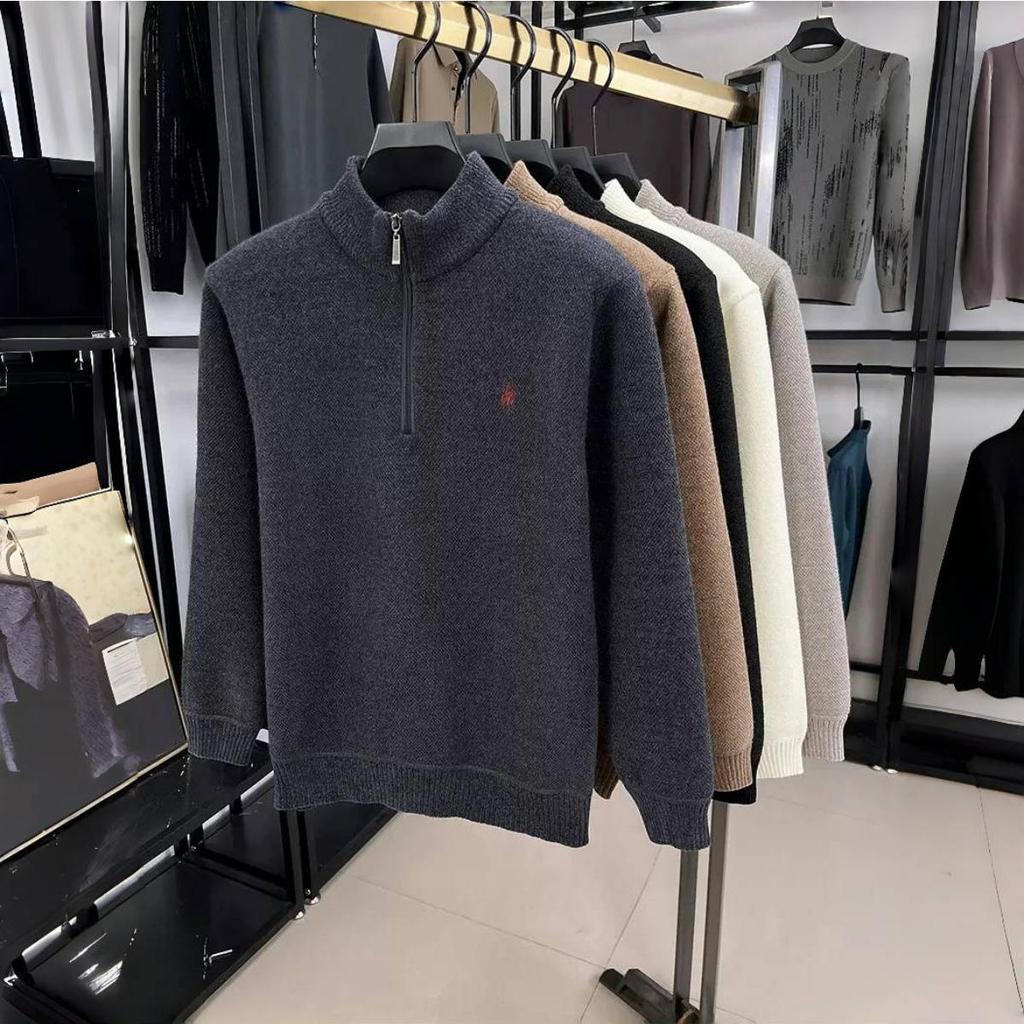 RogueWave Luxury Half Zipper Neck Sweater Men's Fashion Embroidery Casual Top Winter Plush Thick Warm Knitted Pullover