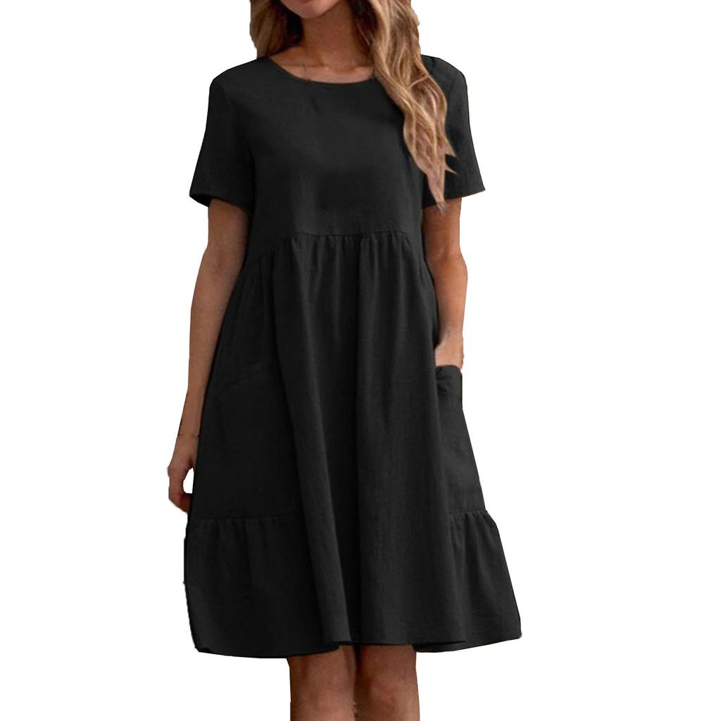 Women'S Round Neck Dress Retro Cotton And Linen Loose Pocket Solid Color Round Neck Dress