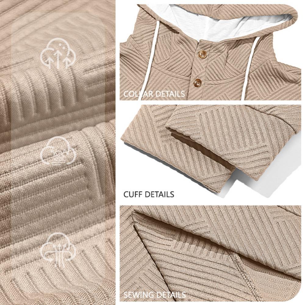 New Mens Fashion Pullover Hooded Long Sleeve Drawstring Button Sweatshirt Streetwear Texture Athletic Hiking Outdoor Jackets