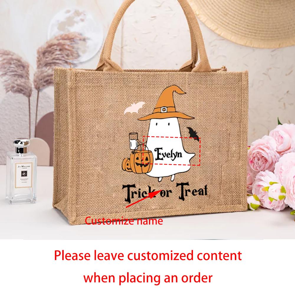 

Персонализированная сумка-тоут для Хэллоуина, с индивидуальным именем, для детей, мешок для конфет, тыква, призрак, многоразовые сумки для детей, декор для вечеринки на Хэллоуин 1pcs 31X25X10cm