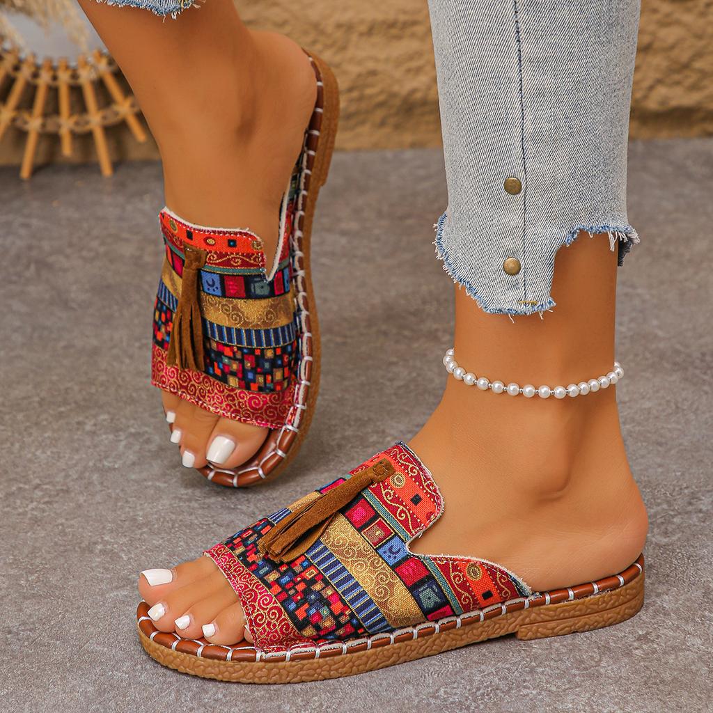 Damen Hausschuhe Mode Fransen Outdoor Flache Schuhe Damen 2025 Neu Lässig Strandurlaub Hausschuhe Zehensandalen Pantoletten Damen