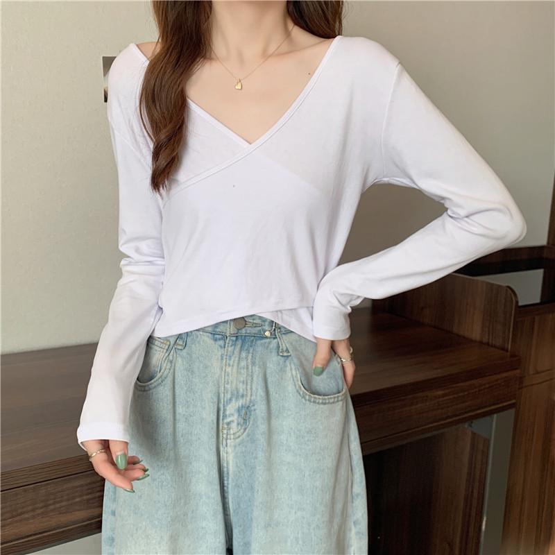 Kurzärmeliges Neues Damen Sommer Trendiges Slim Fit V-Ausschnitt Nabeltop Cross T-Shirt Frühling und Herbst