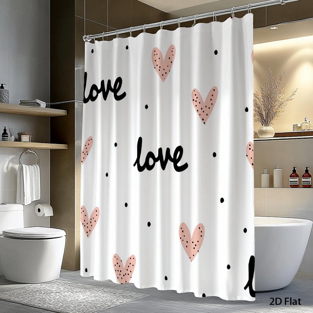 1Pc Heart-Patterned Polka Dot Shower Curtain, Polyester Fabric, With Hooks, Machine Washable, Suitable For Bathroom Dcor.