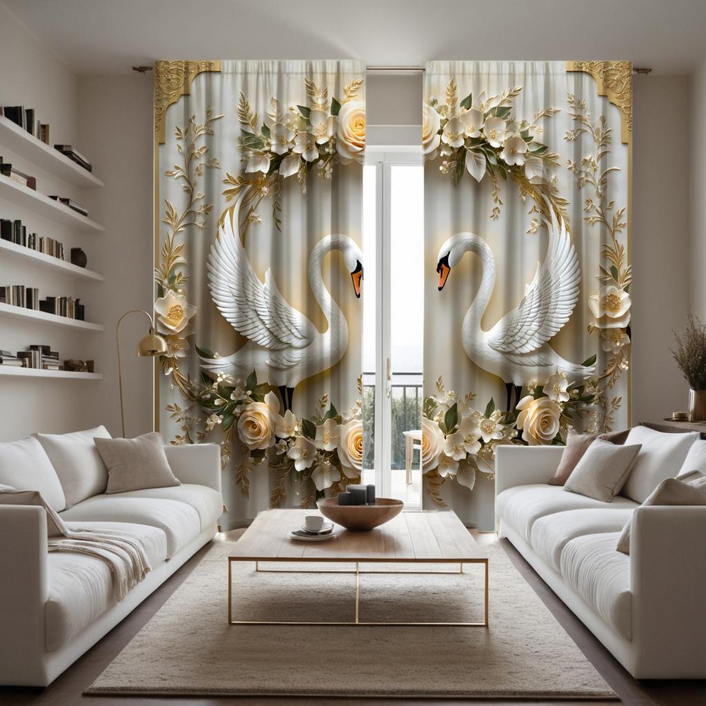 2-teiliger HD-Digital-White Tie Schöner Blumenschwanenvorhang Hauptdekorationsstil Dekoration Wohnzimmer Schlafzimmer Verschleißstangenvorhang