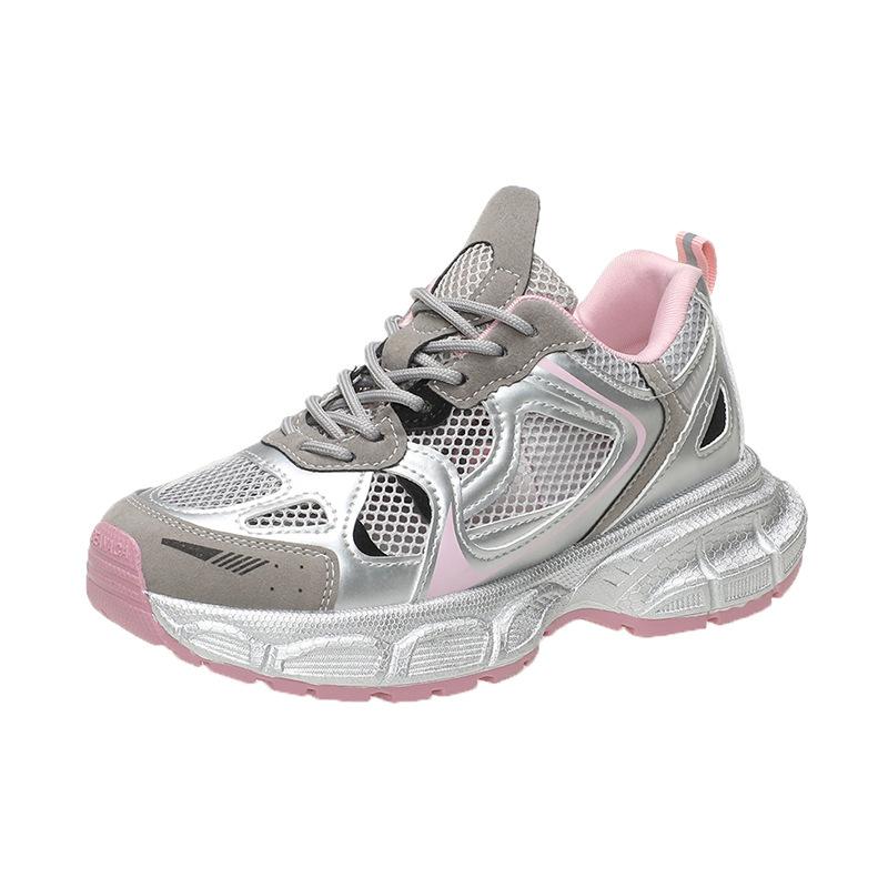 

Женские летние кроссовки на толстой подошве с увеличением роста, новинка 2025 года, серебристые, сетчатые, дышащие, повседневные, детские 35