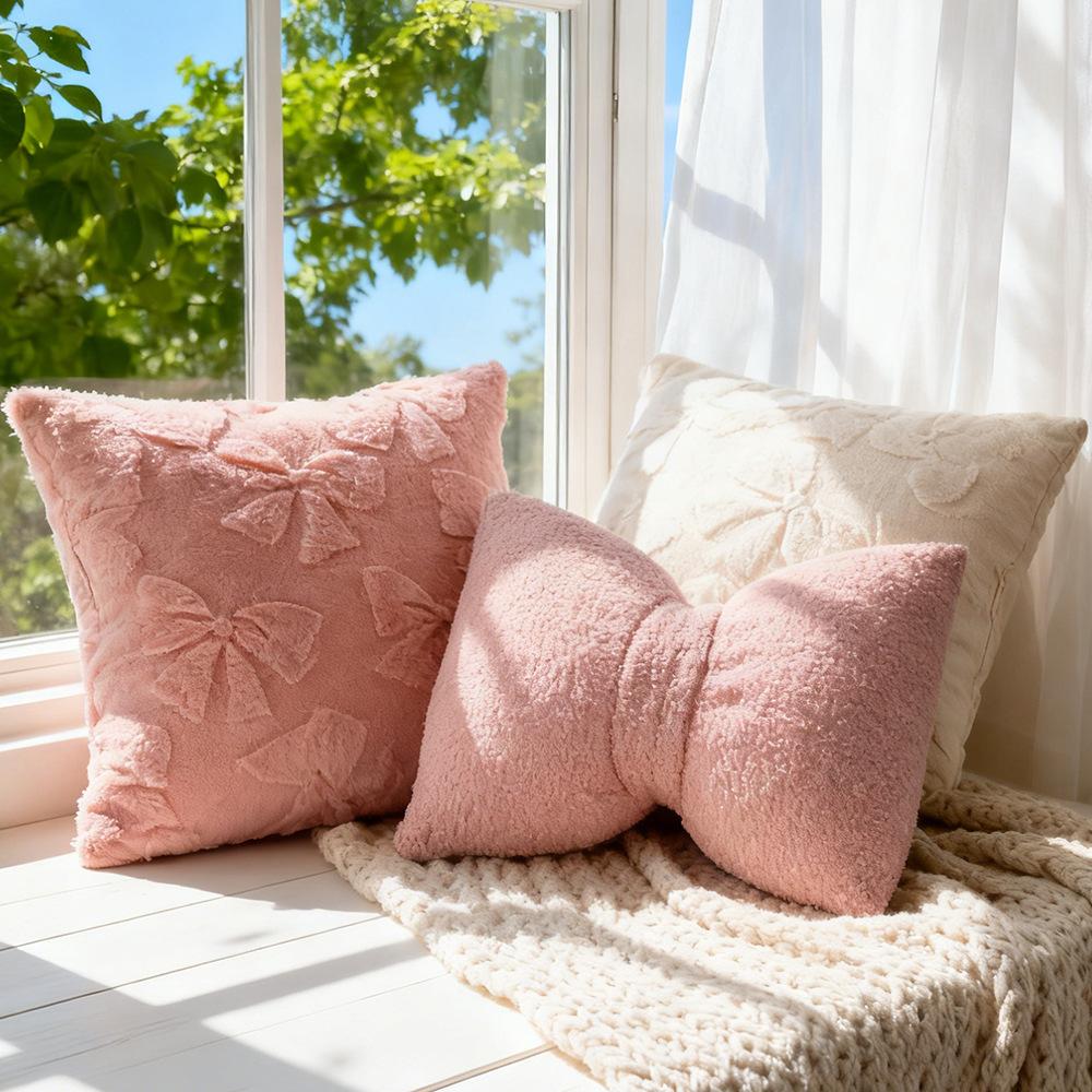 Solid-Color Rabbit Fur Jacquard Bow Pillowcase Cojines Lovely Plush Living Room Sofa Decoration Pillow Cushion Covers 45x45cm