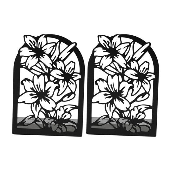 1 Pair Flower Metal Bookends Decorative Flower Vase Book Ends for Shelves Black