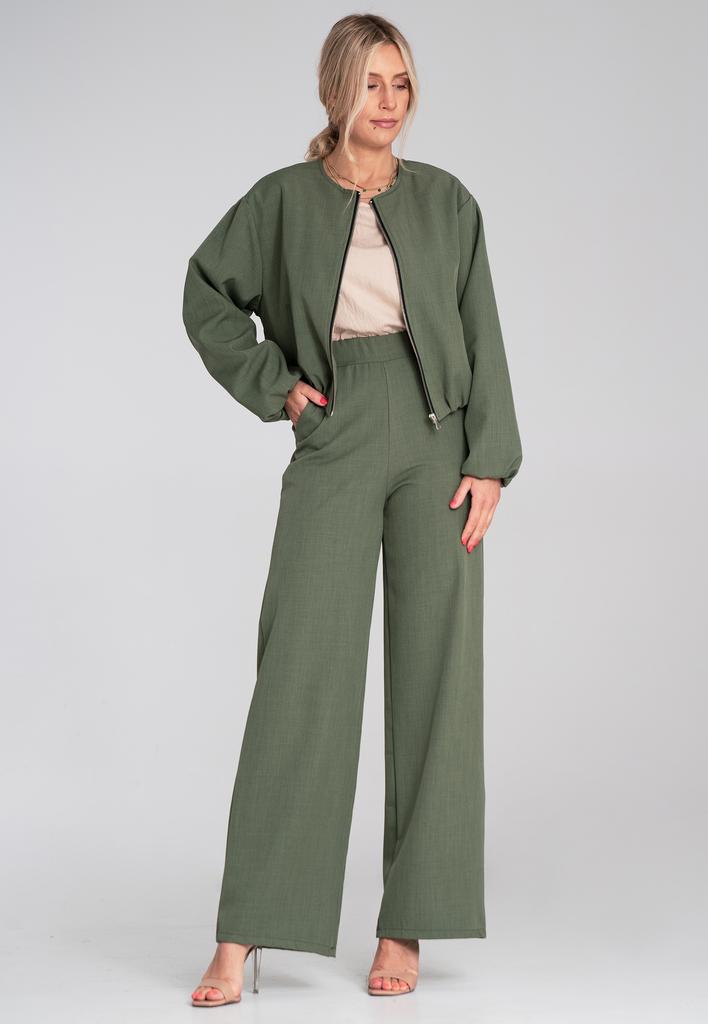 Szerokie Spodnie Z Gumką W Pasie - Garniturowe Spodnie Damskie - Zielone M1197 R. S/M