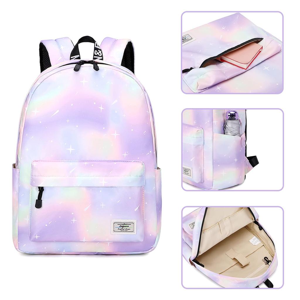 Mygreen Backpack for Elementary School Starry Sky Material Girls, Lightweight, School, Travel, Print, Water-Repellent (Green & Purple)