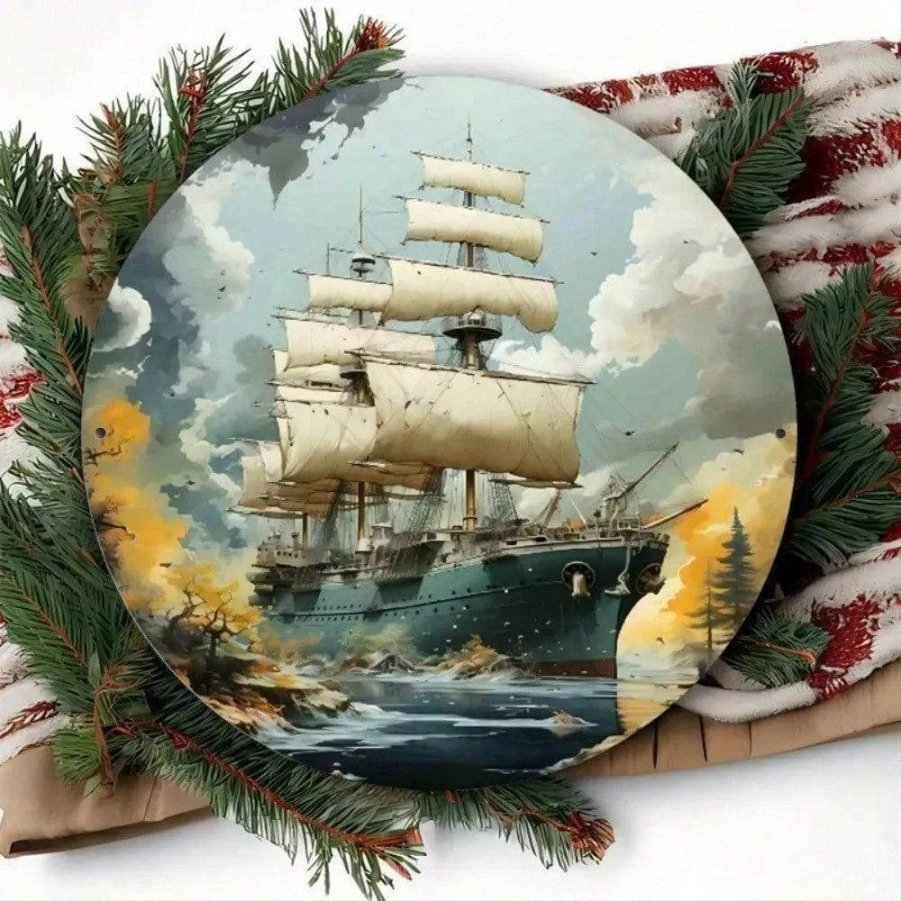 Vintage Round Tin Sign Stormy Seas Nautical Decor 8x8 Inch Rustic Metal Ship Wall Art For Home Retro Sailboat