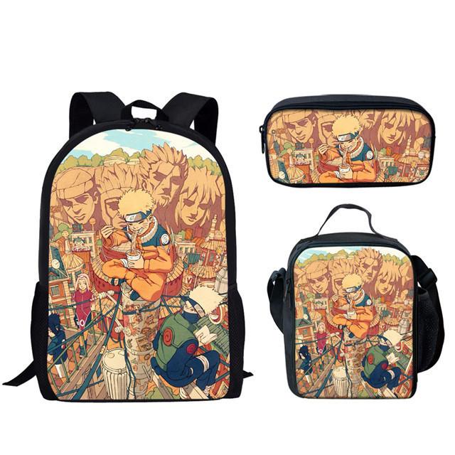 Naruto Printed Kids School Backpack Lunch Bag Pencil Case Set With Nylon Material For Children