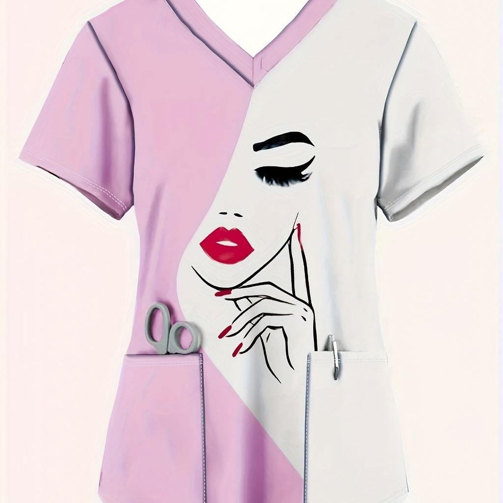 2025 Women's Summer Clothes Stylish Barber Uniform - Black V-Neck T-Shirt with Scissors Comb Print Perfect for Hairdressers