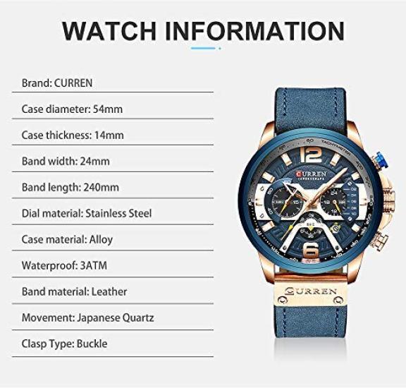 Karen Men's Military Watch, Leather Strap, Analog Quartz Watch, Fashionable Sports Watch with Chronograph, Date Display, BrownBlack (Blue)