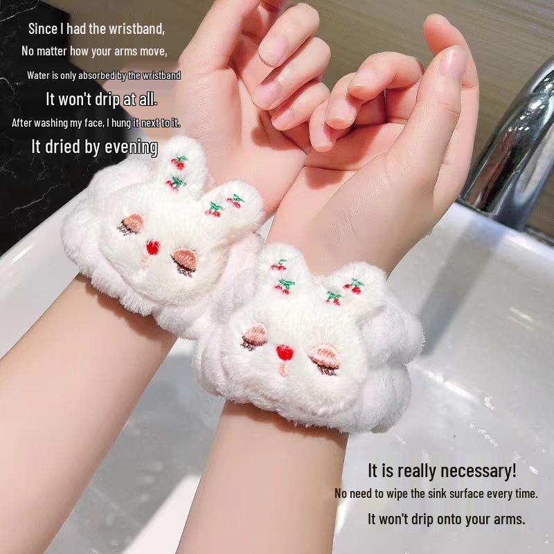 Cute Rabbit Splash-Proof Plush Wristband – Anti-Moisture Cartoon Sleeve for Face Washing