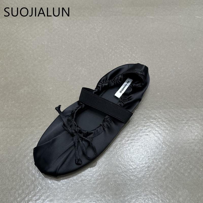 Moda SUOJIALUN 2024 Jesień Damskie Płaskie Buty Panie Eleganckie Plisowane Panie Eleganckie Płytkie Wsuwane Baleriny Buty Miękkie Płaskie Sukienka Bo