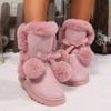 Botas de Neve Antiderrapantes Peludas Rosa Doce Femininas 2026 Inverno Quentes Fofas Flats de Pelo Botas de Cano Curto Pom-Pom Fofo Design Sapatos de Menina