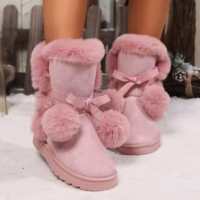 Süße Rosa Flauschige Rutschfeste Schneestiefel Damen 2026 Winter Warm Flauschige Fell-Flats Knöchelhohe Stiefel Niedliche Bommel Designer Mädchenschuhe