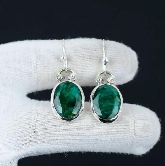 Hint Zümrüt Küpe, 925 Ayar Gümüş Küpe, Zümrüt Çerçeve Seti Takı, Elips Zümrüt Küpe, Bohem Takı, Ona Hediye.