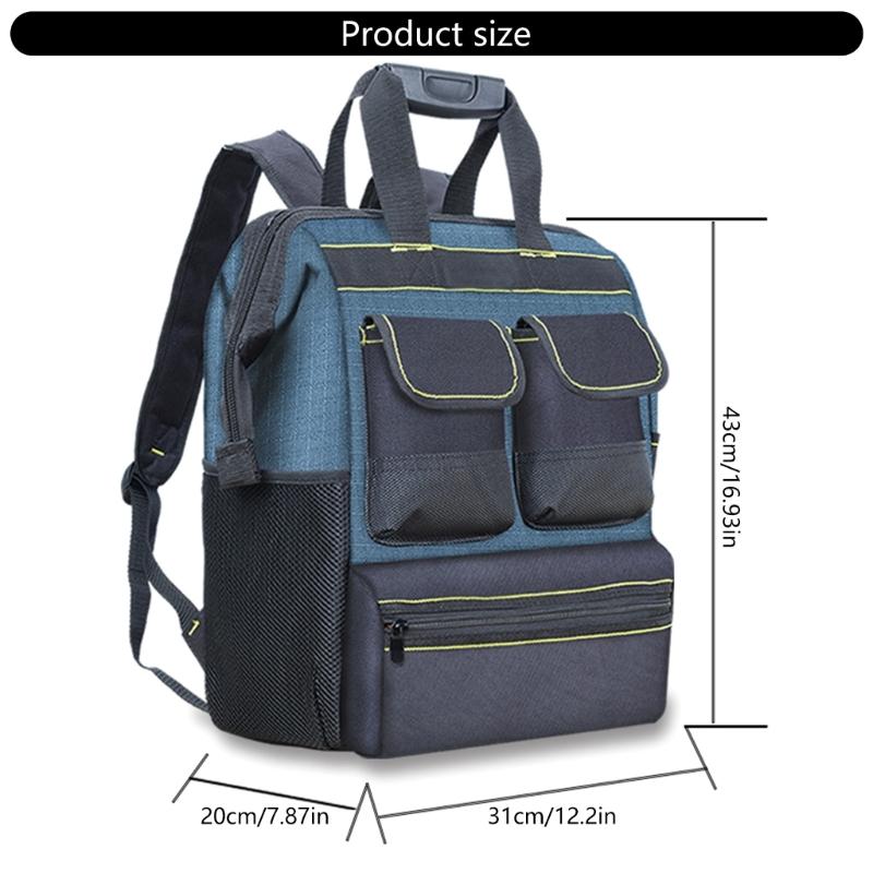 Tool Backpack 31x21x43cm Wide Top Opening Multiple Exterior Pockets for Wrenches Screwdrivers Easy Access Organization