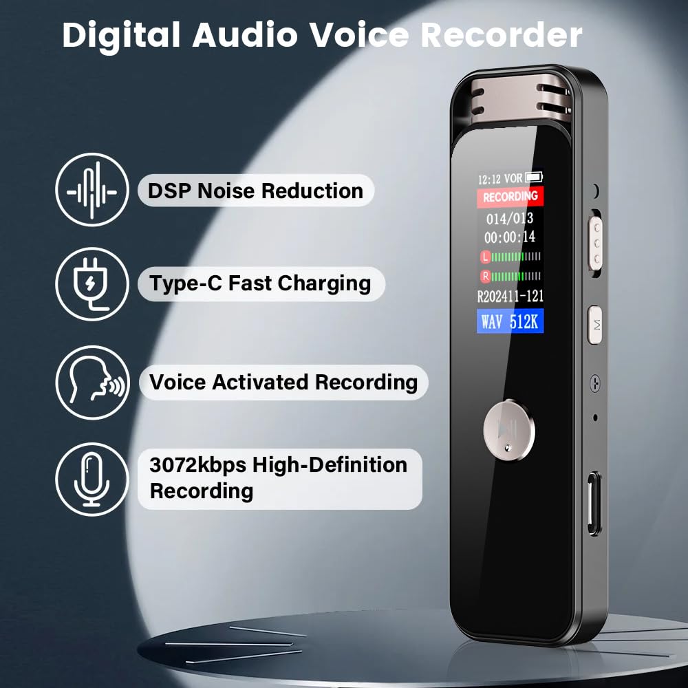 Compact Voice IC Recorder for 32GB Large Capacity 1536kbps Long Continuous Recording Dual Noise Up To 128GB TF Card Charging OTG MP3 Player Easy Ideal