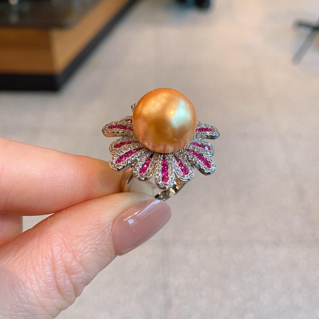 Pearl Micro Set Red Treasure Diamond Ring Fashion Adjustable Ring