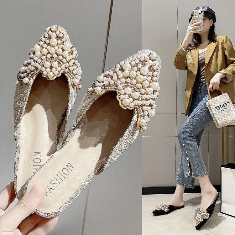 Package Head Style Flat Toe Womens Loafers With Pearl Waterdiamond Decor For Casual Daily Wear