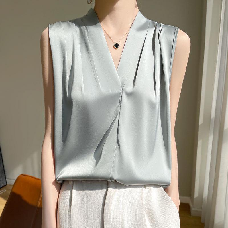 Satin Imitation Silk V-neck Sling Vest Women's Summer Suit with Sleeveless Shirt Hanging Neck Solid Color Top