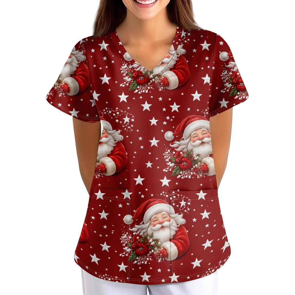 Women's Christmas Print Loose Fit V-Neck Short Sleeve Scrub Top with Pockets for Work