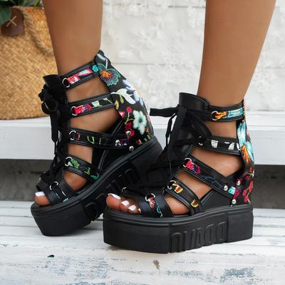 Summer Rome Printed Flower Women Shoes Waterproof Platform Thick-soled  Hollow Wedge Sandals