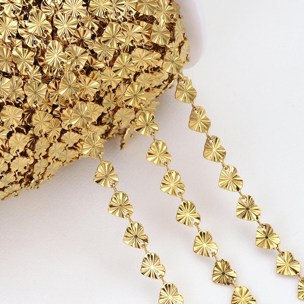Nicht verblassend 2 Meter 1 Meter Edelstahlketten Goldfarbe Prägung Liebesherz Ketten für Halskette Armband Schmuckherstellung DIY