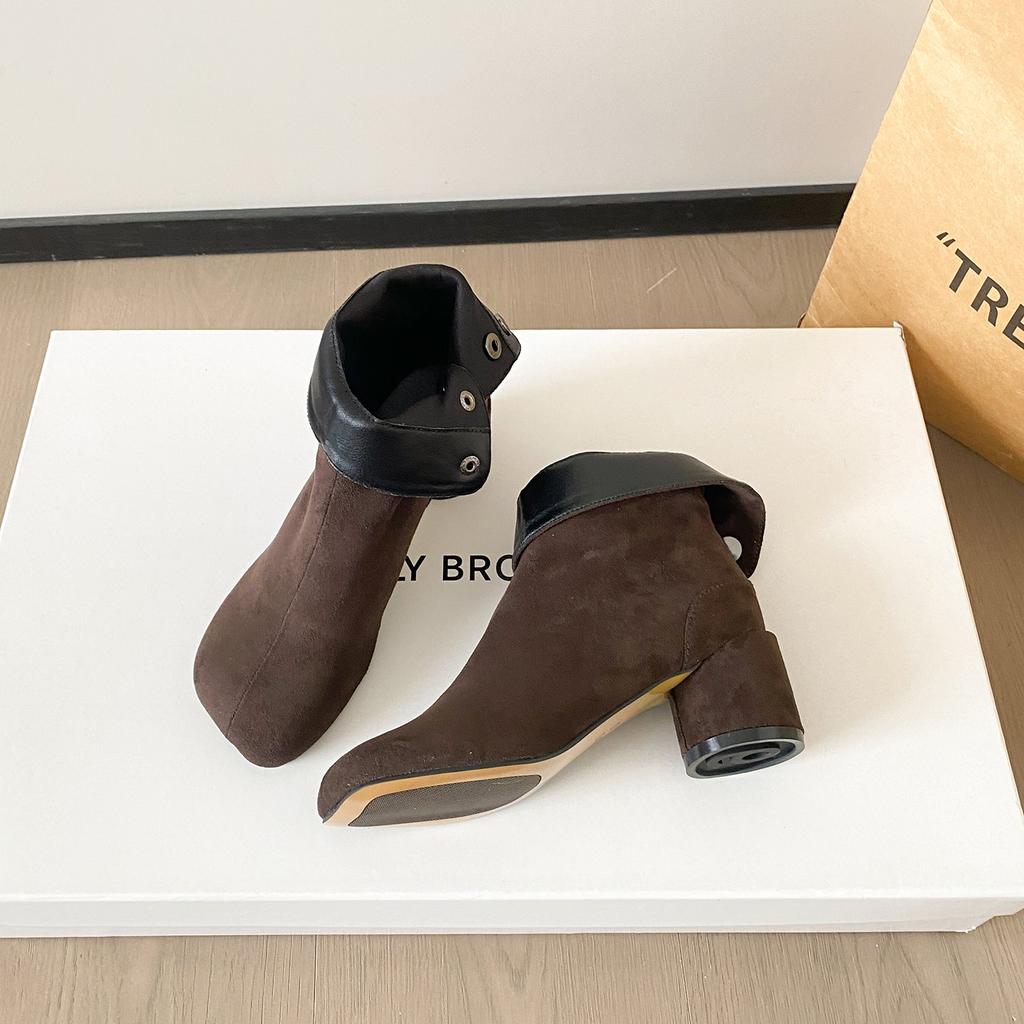 Korean retro slim sleeve short boots children's autumn and winter new round head suede thick heel short boots women