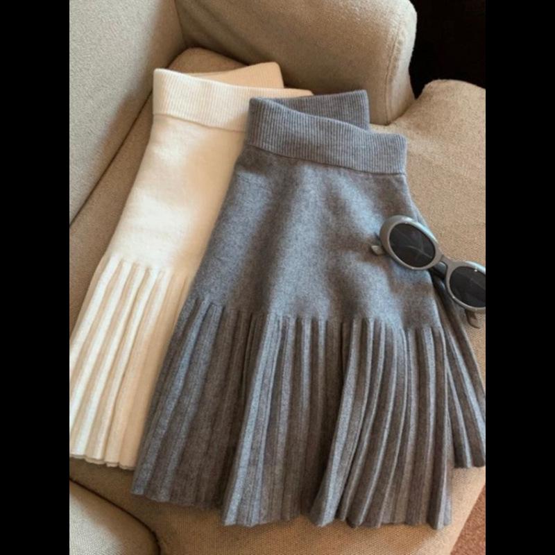 Pleated Knitted A-line Mini Skirt for Women - High Waist, Slimming, Versatile, Petite Fit for Spring & Autumn