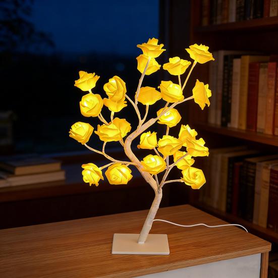 Rose Flower Tree Lamp 24 LED Rose Tree Table Lamp USB Powered Artificial Bonsai Flower Night Light for Bedroom Living Room Wedding Valentine's Day