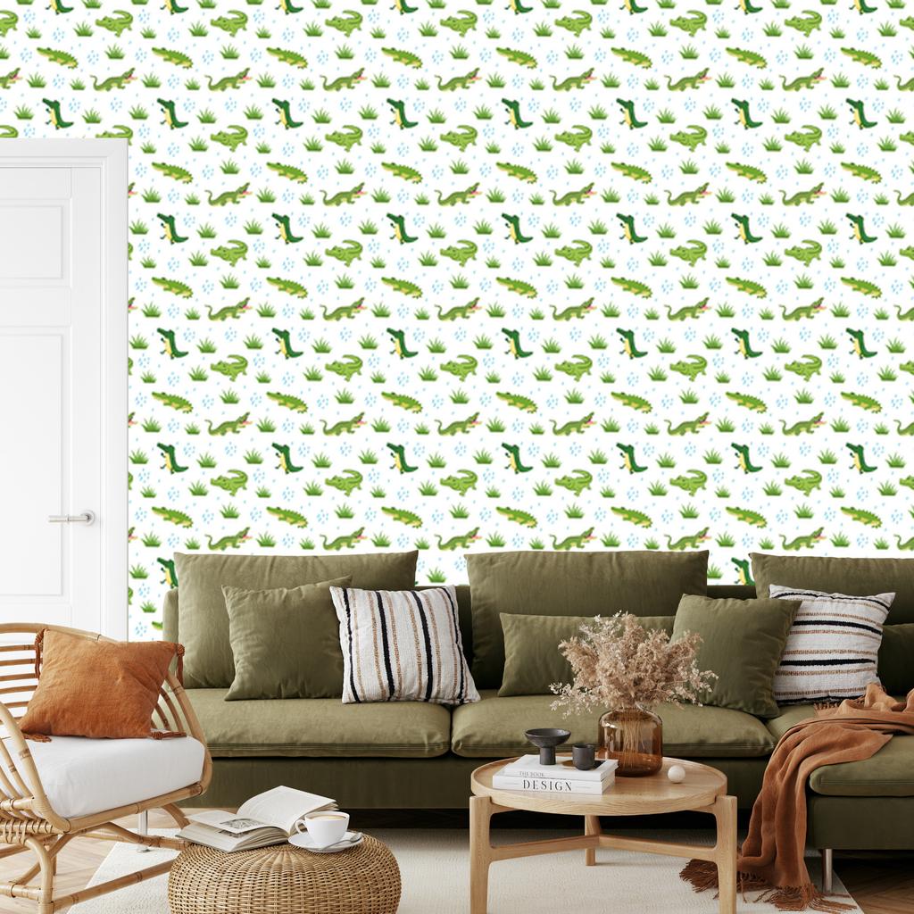 Crocodile wallpaper white, lime, light gray and green 50x1000