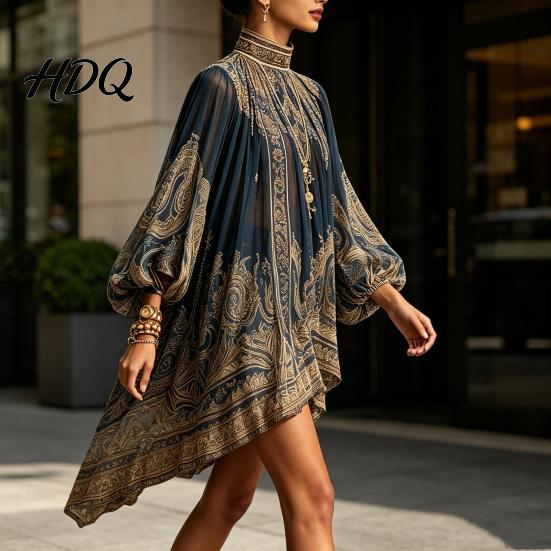 Lightweight Summer Dress Boho Floral Print High Neck Irregular Chiffon Mini