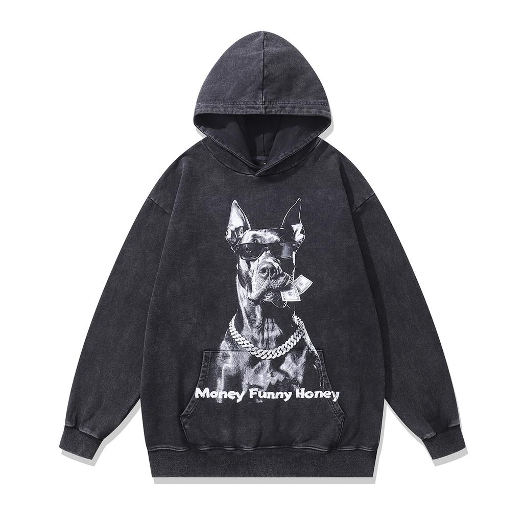 European And American High Street Dark Doberman Prints Heavy Old Hoodie Sweatshirts Hip-Hop Made Old Hoodie Men