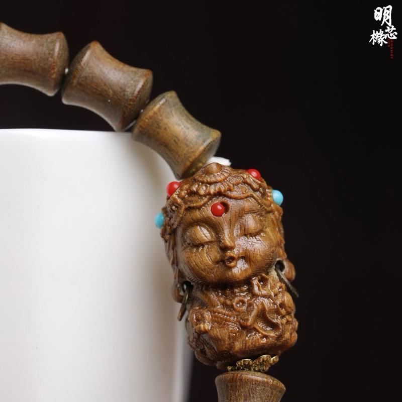 Green Sandalwood Bamboo Bead Bracelet DIY Avalokiteshvara 0.8x1.0 Men's & Women's Single-Loop Buddhist Beads