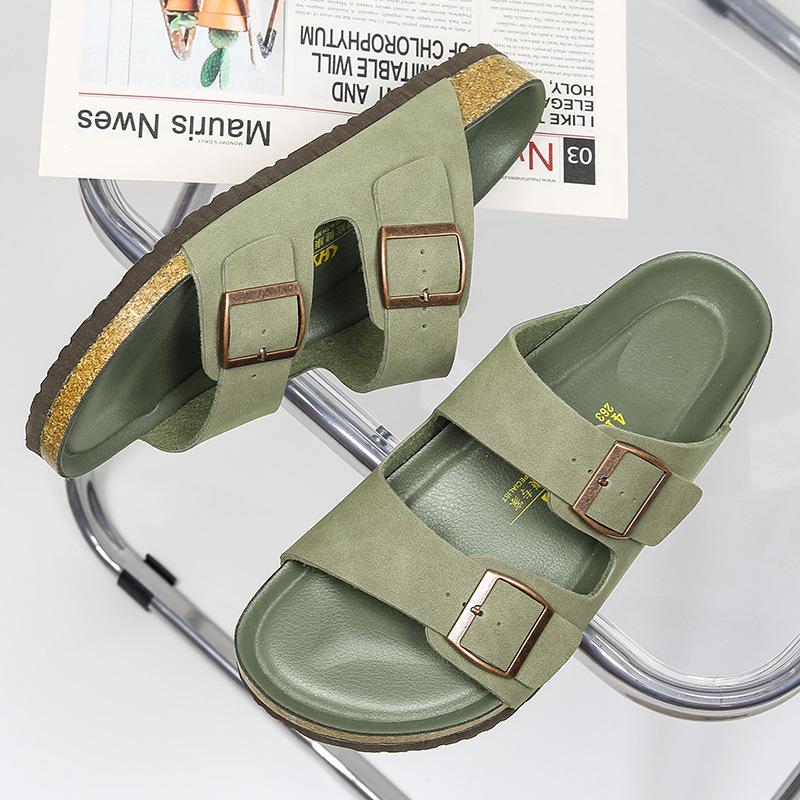 Men's and Women's Boken Slippers, Couple's Beef Suede Beach Shoes, Comfortable Spring and Summer Cork Flat Sandals, One-word Cool Slippers