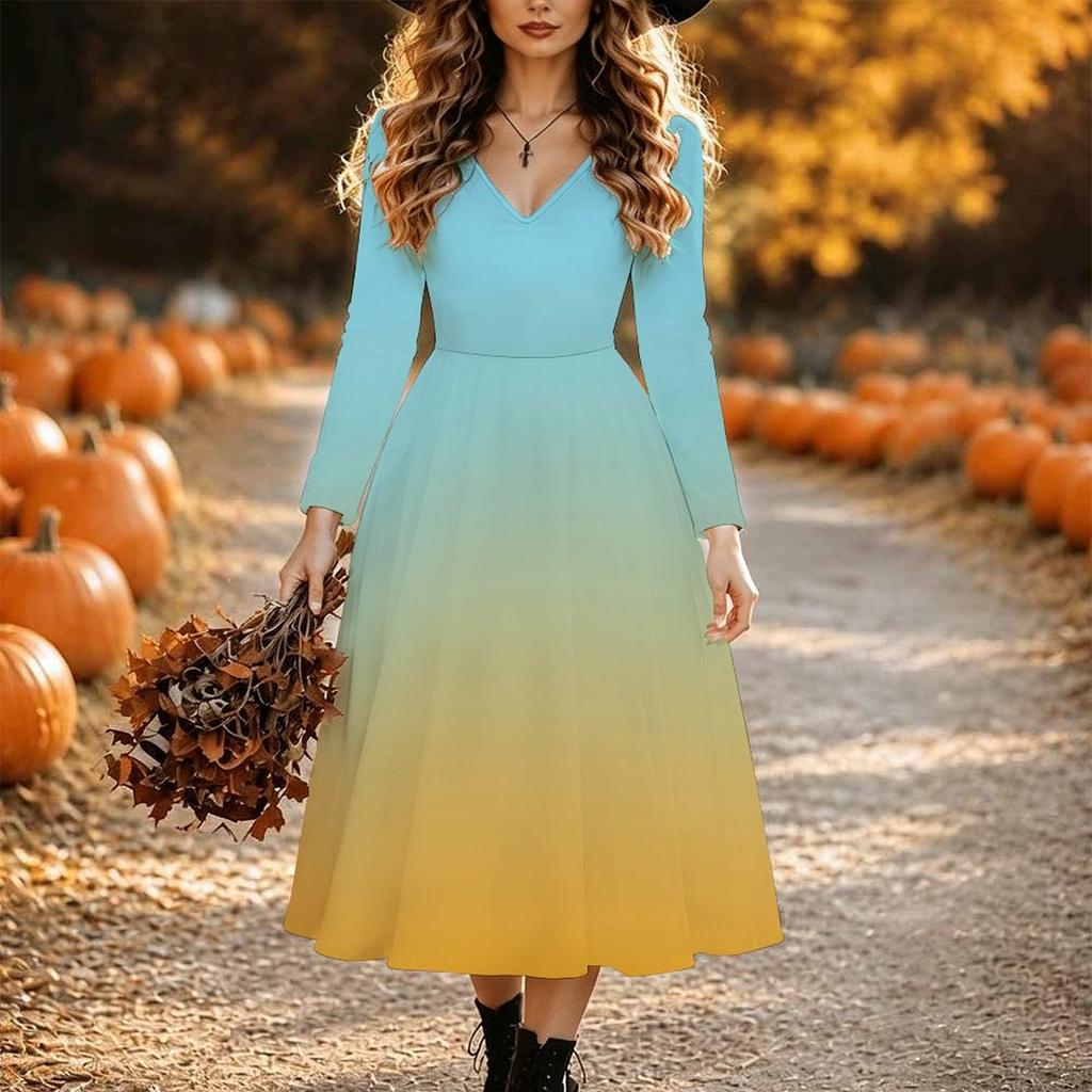 Halloween Women's Gradient Solid Print Midi Dress A Line Dress Vacation Casual Daily Regular Fit Long Sleeve V Neck Black Spring Fall